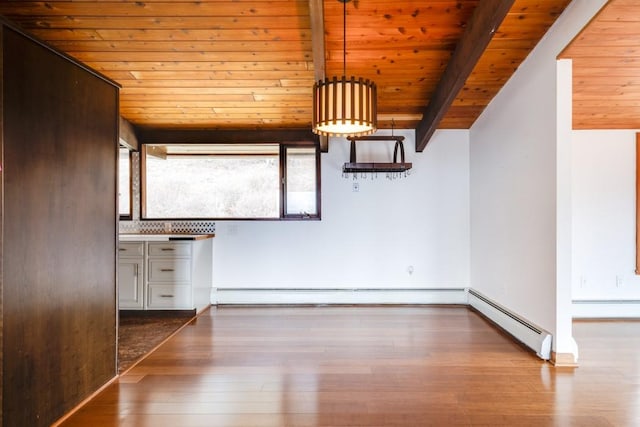 interior space featuring wood finished floors, wood ceiling, baseboard heating, and beam ceiling