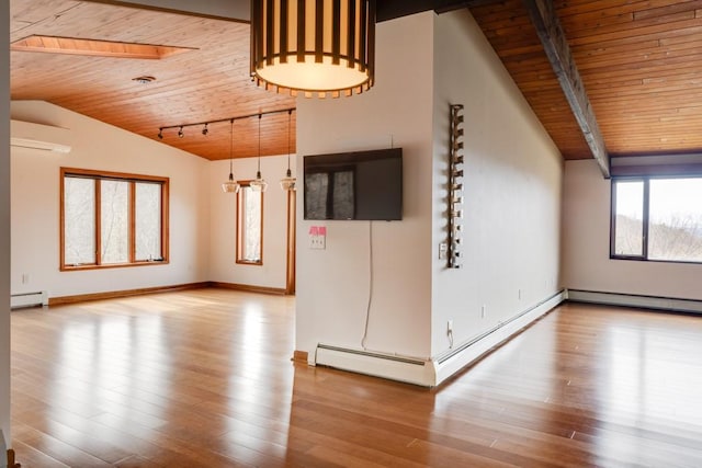 empty room featuring wooden ceiling, vaulted ceiling with beams, wood finished floors, and a baseboard radiator