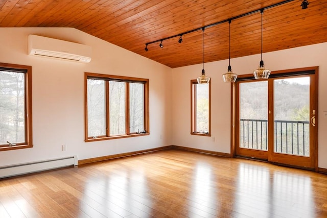 unfurnished room featuring wood ceiling, a wall unit AC, vaulted ceiling, plenty of natural light, and wood-type flooring