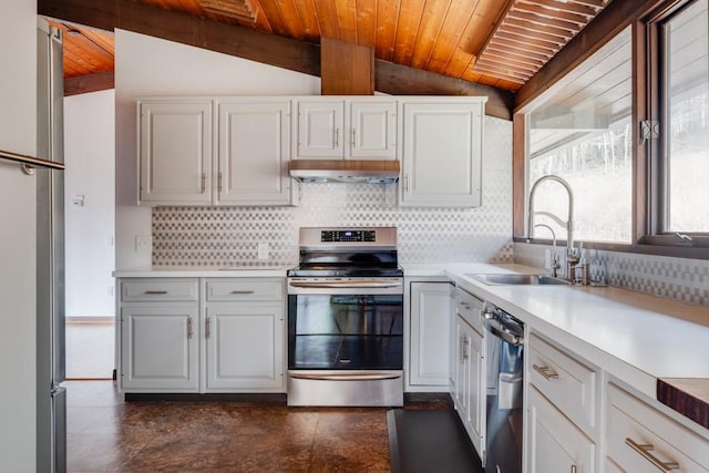 kitchen featuring under cabinet range hood, vaulted ceiling, decorative backsplash, appliances with stainless steel finishes, and a sink