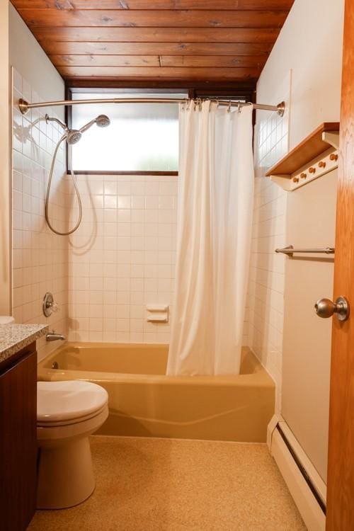 bathroom featuring toilet, shower / bath combo with shower curtain, baseboard heating, wooden ceiling, and vanity