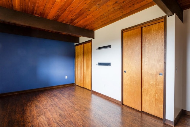 unfurnished bedroom with beam ceiling, dark wood finished floors, wood ceiling, and baseboards