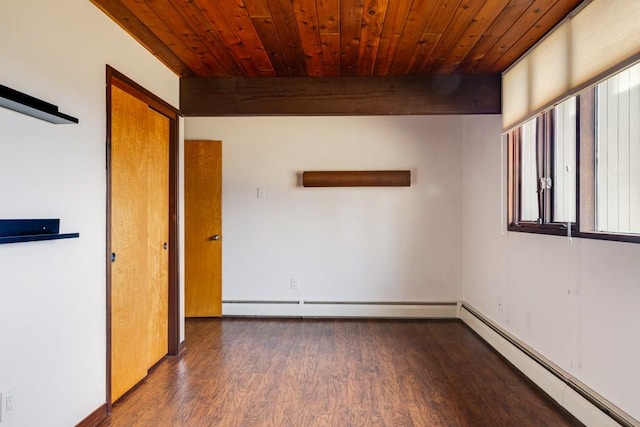 spare room with a baseboard heating unit, wooden ceiling, plenty of natural light, and baseboard heating