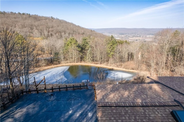 view of pool with a view of trees and a water view