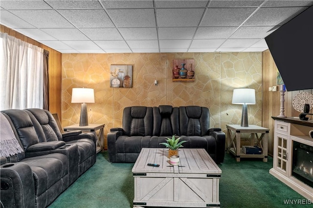 living area featuring carpet and a drop ceiling