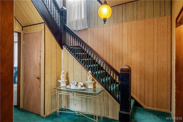 stairway with wooden walls and carpet floors