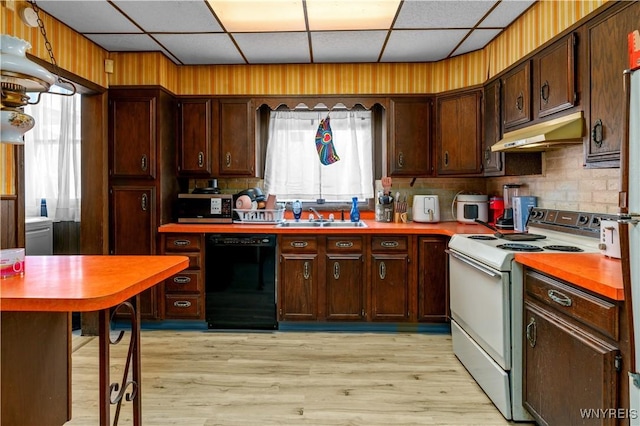 kitchen featuring light wood-style flooring, under cabinet range hood, a sink, white range with electric stovetop, and dishwasher