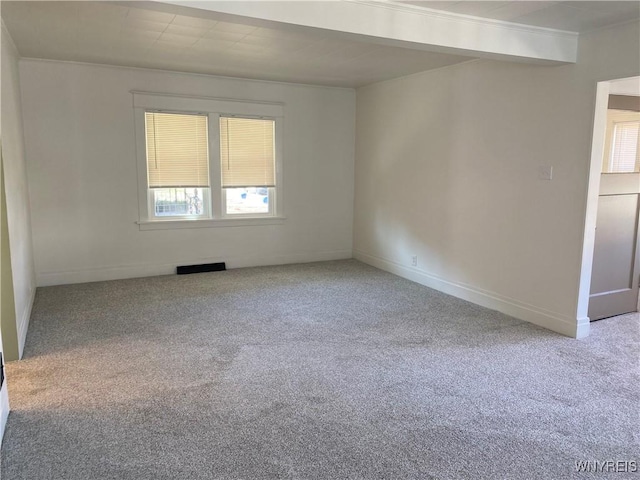 spare room with carpet flooring, crown molding, and baseboards