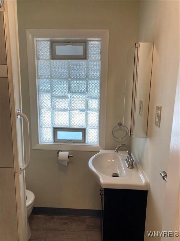 bathroom with toilet, vanity, baseboards, and wood finished floors