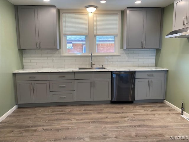 kitchen featuring dishwasher, light wood-type flooring, gray cabinetry, and a sink