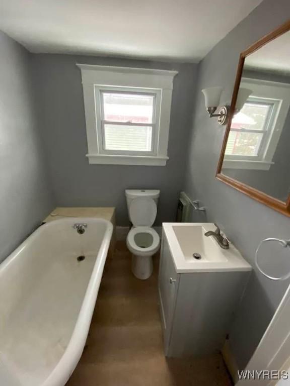 bathroom with toilet, vanity, a tub, and radiator heating unit