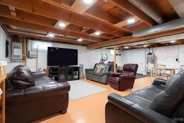 living room with gas water heater and concrete floors