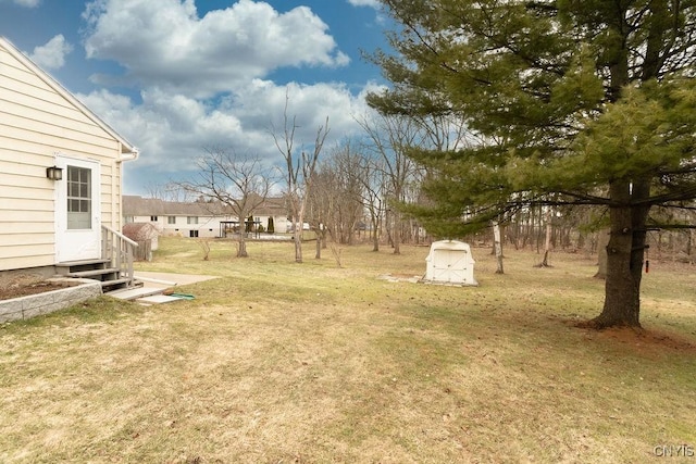 view of yard with entry steps, an outdoor structure, and a storage unit