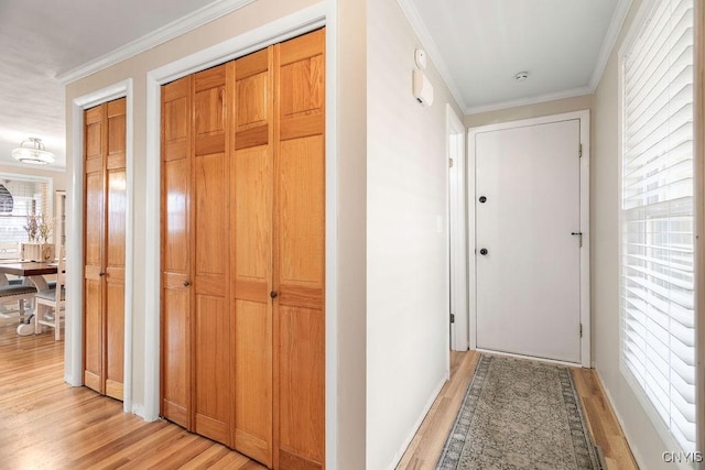 hallway featuring light wood-type flooring and ornamental molding