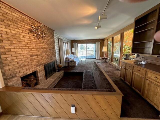 interior space with a sink, dark carpet, rail lighting, and a fireplace