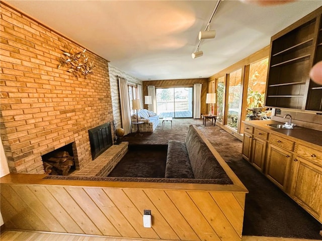 interior space with track lighting, a sink, a brick fireplace, open floor plan, and dark colored carpet