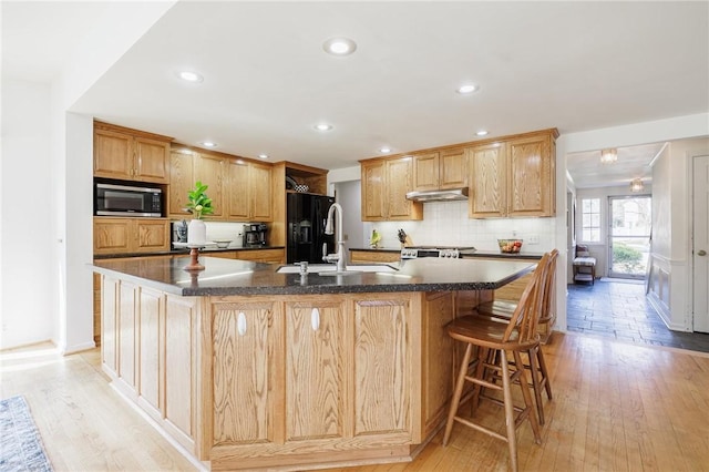 kitchen featuring stainless steel microwave, light wood-style floors, under cabinet range hood, and a sink