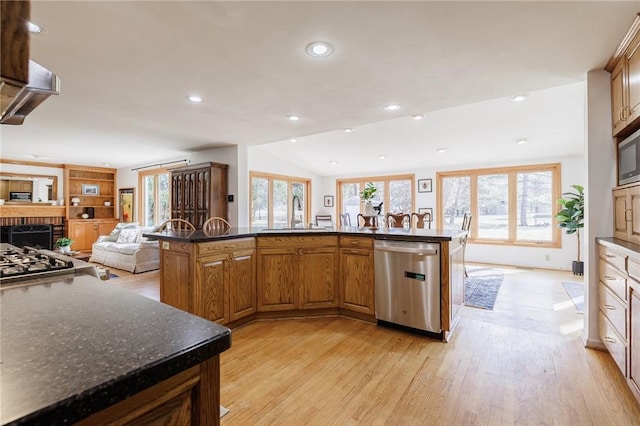 kitchen featuring a sink, stainless steel appliances, open floor plan, a brick fireplace, and light wood-type flooring