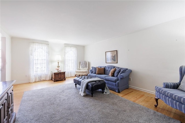 living area featuring baseboards and light wood finished floors