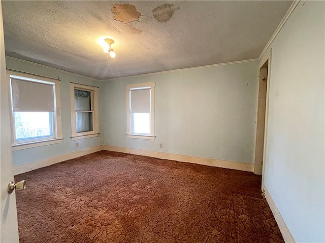 spare room featuring a wealth of natural light, a textured ceiling, crown molding, and carpet