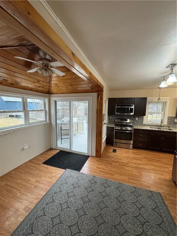 kitchen with plenty of natural light, stainless steel appliances, light countertops, and light wood-style floors