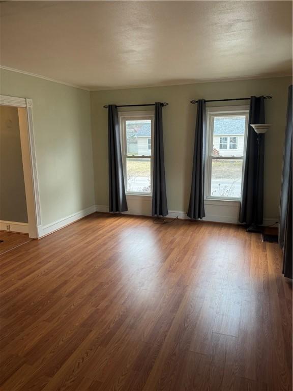 empty room featuring wood finished floors, a healthy amount of sunlight, and baseboards