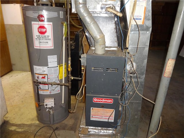 utility room featuring gas water heater and heating unit