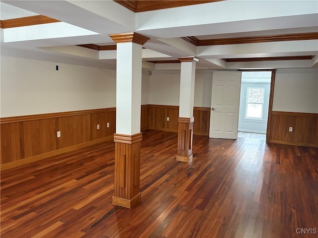 below grade area featuring dark wood finished floors and wainscoting