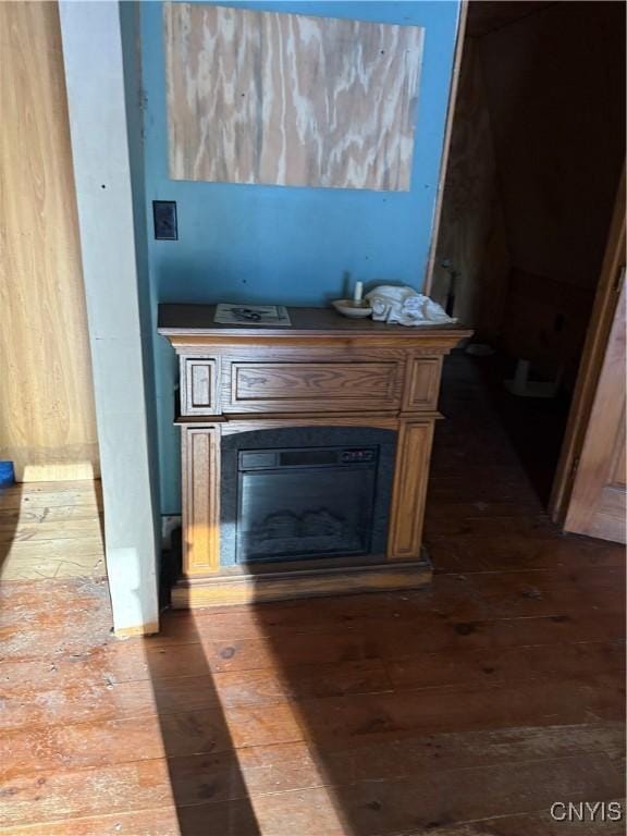 interior details featuring wood finished floors and a glass covered fireplace