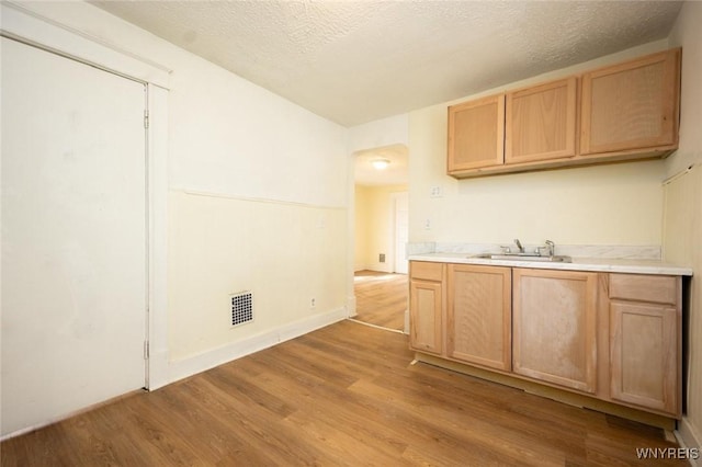 kitchen featuring a sink, light wood-type flooring, light brown cabinets, and light countertops