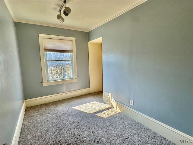 carpeted spare room with track lighting, baseboards, and ornamental molding