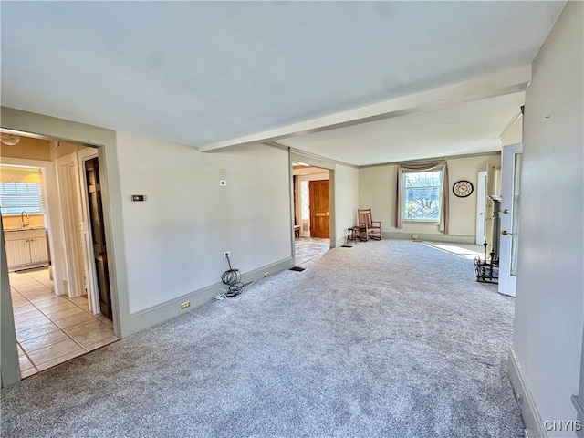 interior space featuring baseboards, carpet, and a sink