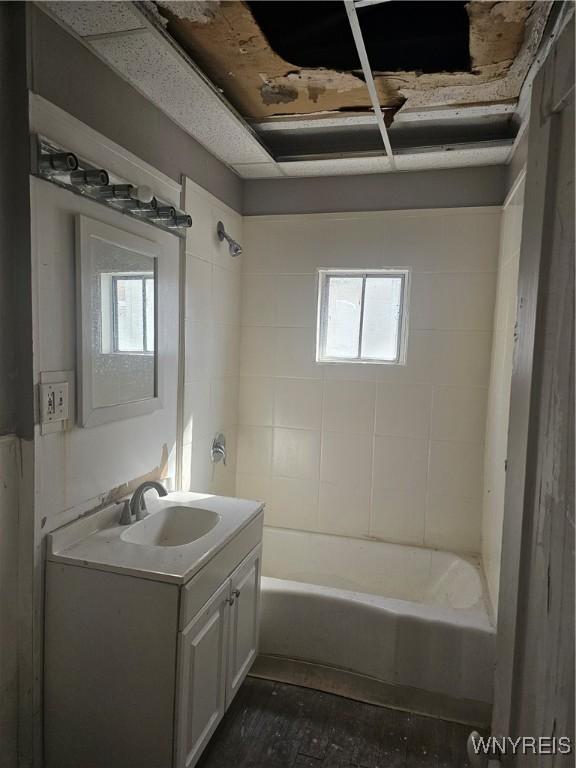 bathroom with plenty of natural light, vanity, and  shower combination