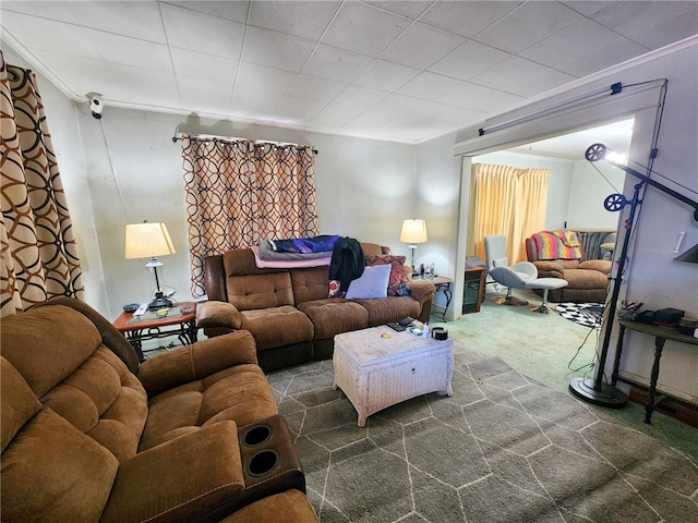 living room with carpet flooring and crown molding