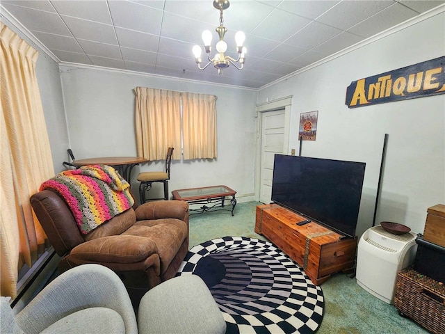 carpeted living room with a notable chandelier and ornamental molding