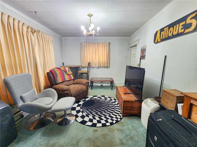 living room featuring a notable chandelier, carpet, and ornamental molding