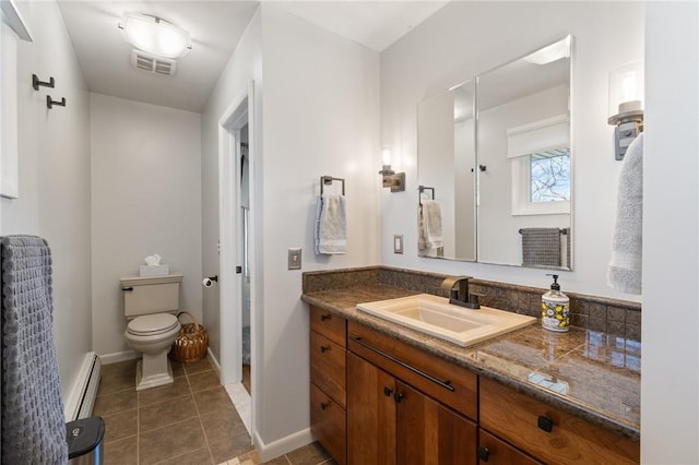 bathroom with tile patterned floors, visible vents, toilet, baseboard heating, and vanity