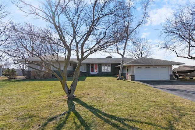 ranch-style house with aphalt driveway, an attached garage, a chimney, and a front lawn