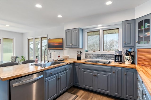 kitchen with gray cabinets, butcher block counters, black electric stovetop, and stainless steel dishwasher