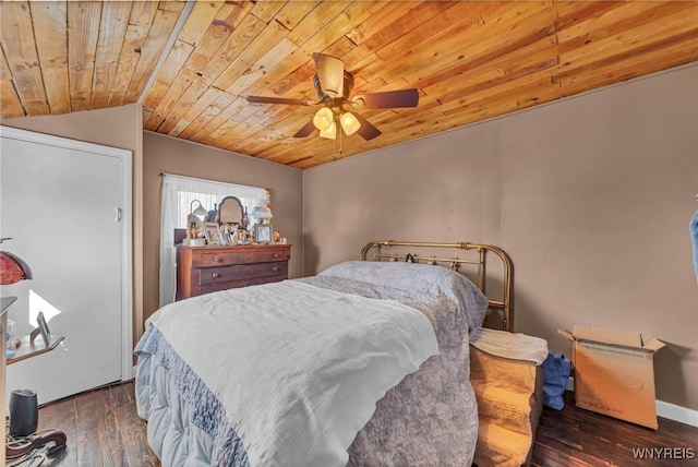 bedroom featuring hardwood / wood-style floors, baseboards, ceiling fan, vaulted ceiling, and wood ceiling