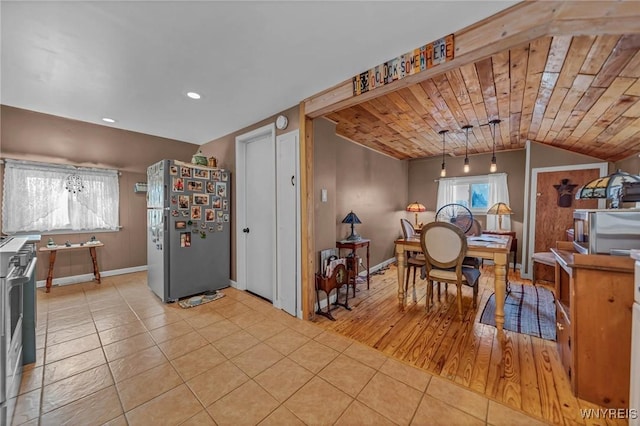 dining room featuring light tile patterned floors, baseboards, recessed lighting, vaulted ceiling, and wood ceiling