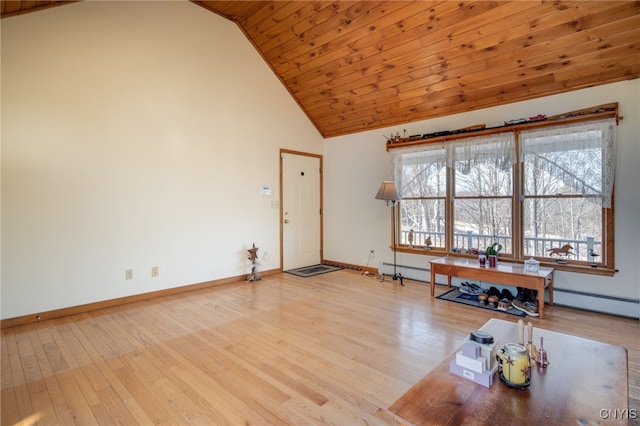 unfurnished living room with a wealth of natural light, baseboards, wood finished floors, and wooden ceiling