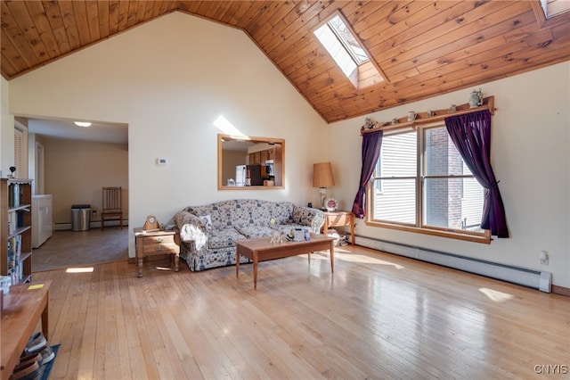 living room with baseboard heating, wooden ceiling, a skylight, hardwood / wood-style flooring, and high vaulted ceiling