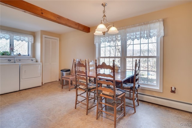 dining room featuring a baseboard radiator, beamed ceiling, and washer and clothes dryer