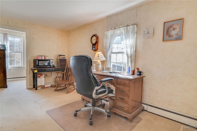 carpeted office featuring a baseboard heating unit and a baseboard radiator