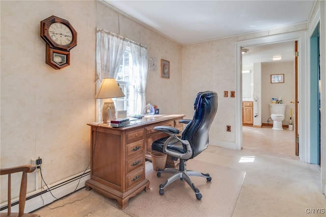 office area with light carpet, wallpapered walls, baseboards, and a baseboard radiator