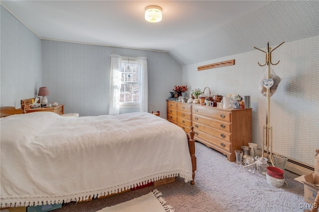 carpeted bedroom with wallpapered walls, lofted ceiling, ornamental molding, and a baseboard radiator