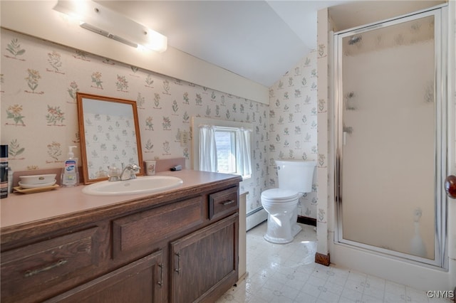 bathroom with a stall shower, wallpapered walls, a baseboard heating unit, and lofted ceiling