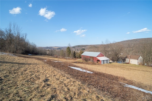 view of yard with a detached garage, dirt driveway, a rural view, an outdoor structure, and a pole building