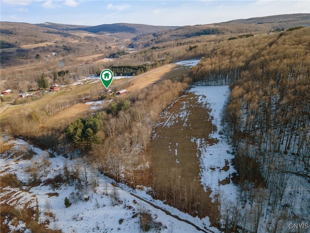 snowy aerial view featuring a mountain view